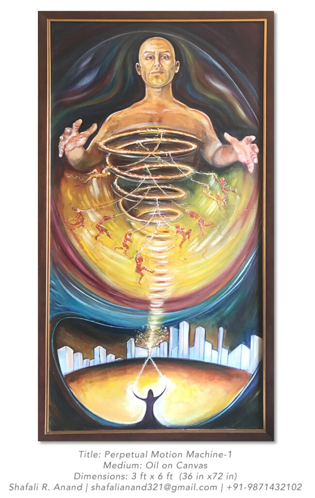 Title: Perpetual Motion Machine - I, Medium: Oil on Canvas, Size: 3 ft by 6 ft, Artist: Shafali R. Anand