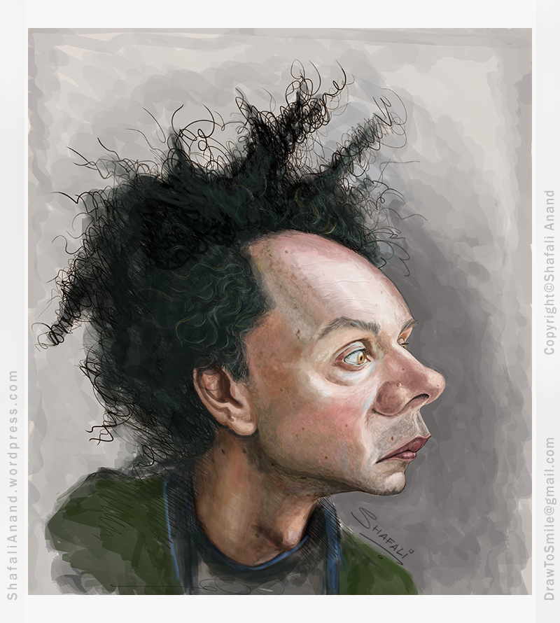 Caricature painting of Malcolm Gladwell, the author of "The Tipping Point," and "Blink."
