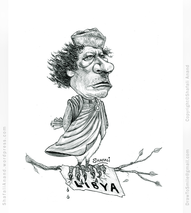 Caricature of Moammar Gaddafi, the dictatorial leader of Libya.