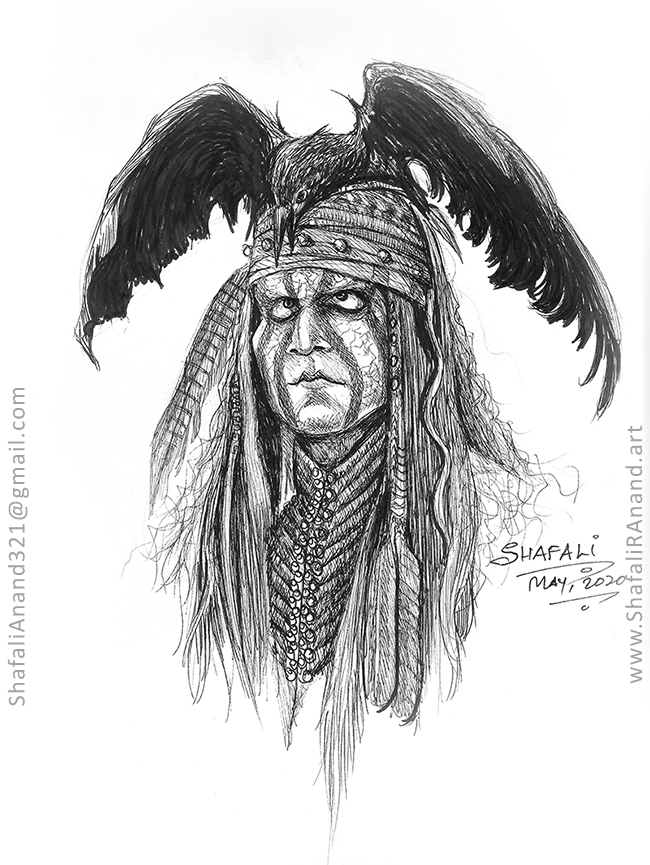 Johnny Depp as Tonto. Pen and Ink Drawing.