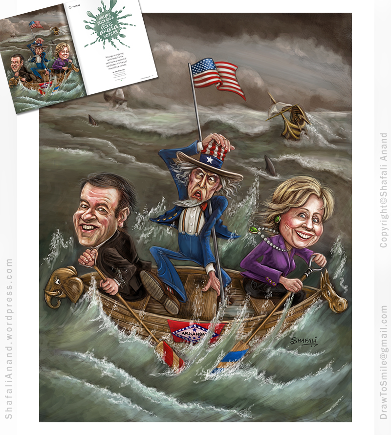 Caricature Art - Full page Illustration of Mike Huckabee and Hillary Clinton in a boat in stormy seas with Uncle Sam - for Talk Business & Politics Magazine, Arkansas.