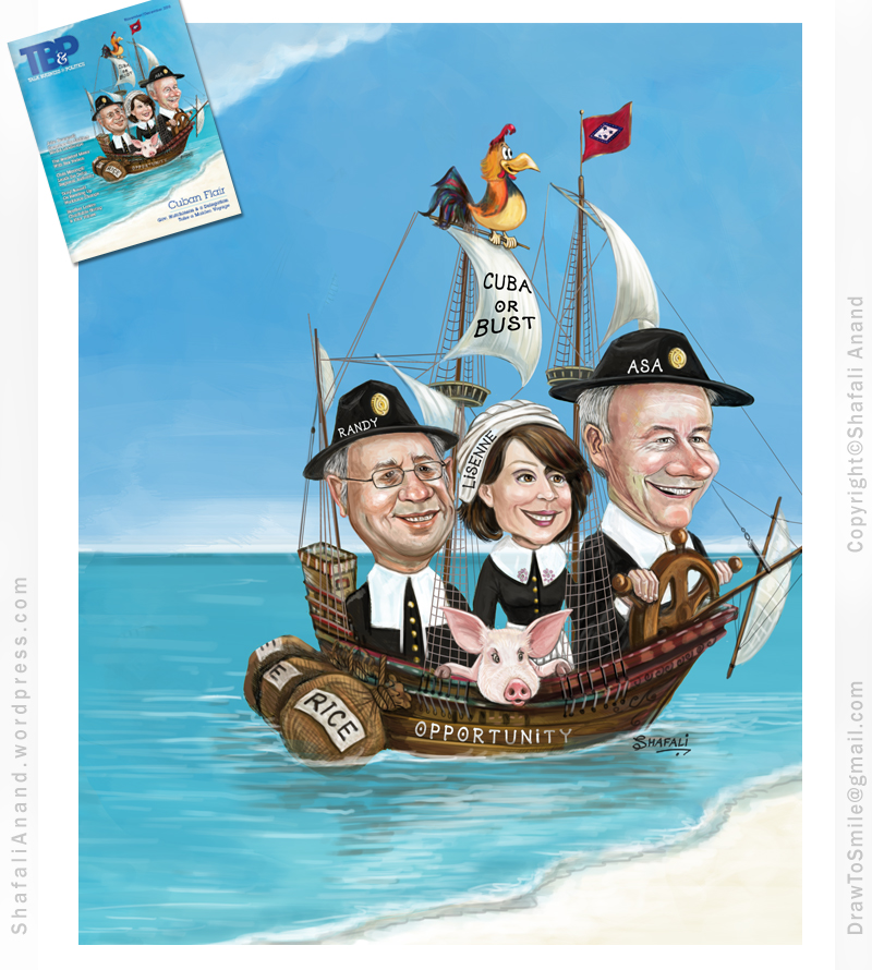 Pilgrims on Mayflower - Gover Asa Hutchinson travels to Cuba to discuss trade with Castro Brothers in Cuba - Cover Illustration for Political and Business Magazine TBP
